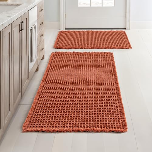 MIULEE Fall Orange Set of 2 Waffle Bathroom Rugs, Boho Bath Rugs Non Slip Washable, Super Absorbent Bath Mats, Ultra Soft Rubber Backed Shower Mats for Bathroom Floor, Tub, 17