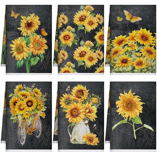 Image of Bencailor 6 Pcs Black Sunflower Kitchen Towels Decorative Sets Dish Towels Absorbent Fast Drying Hand Tea Vintage Hanging Reusable Cleaning Dishcloths for Cooking Farmhouse Bathroom Accessory