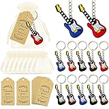 BANBALLON 12 Sets Guitar Key Chains with Organza Bags and Thank You Tags for Birthday Party Rock and Roll Theme Karaoke Music Supplies