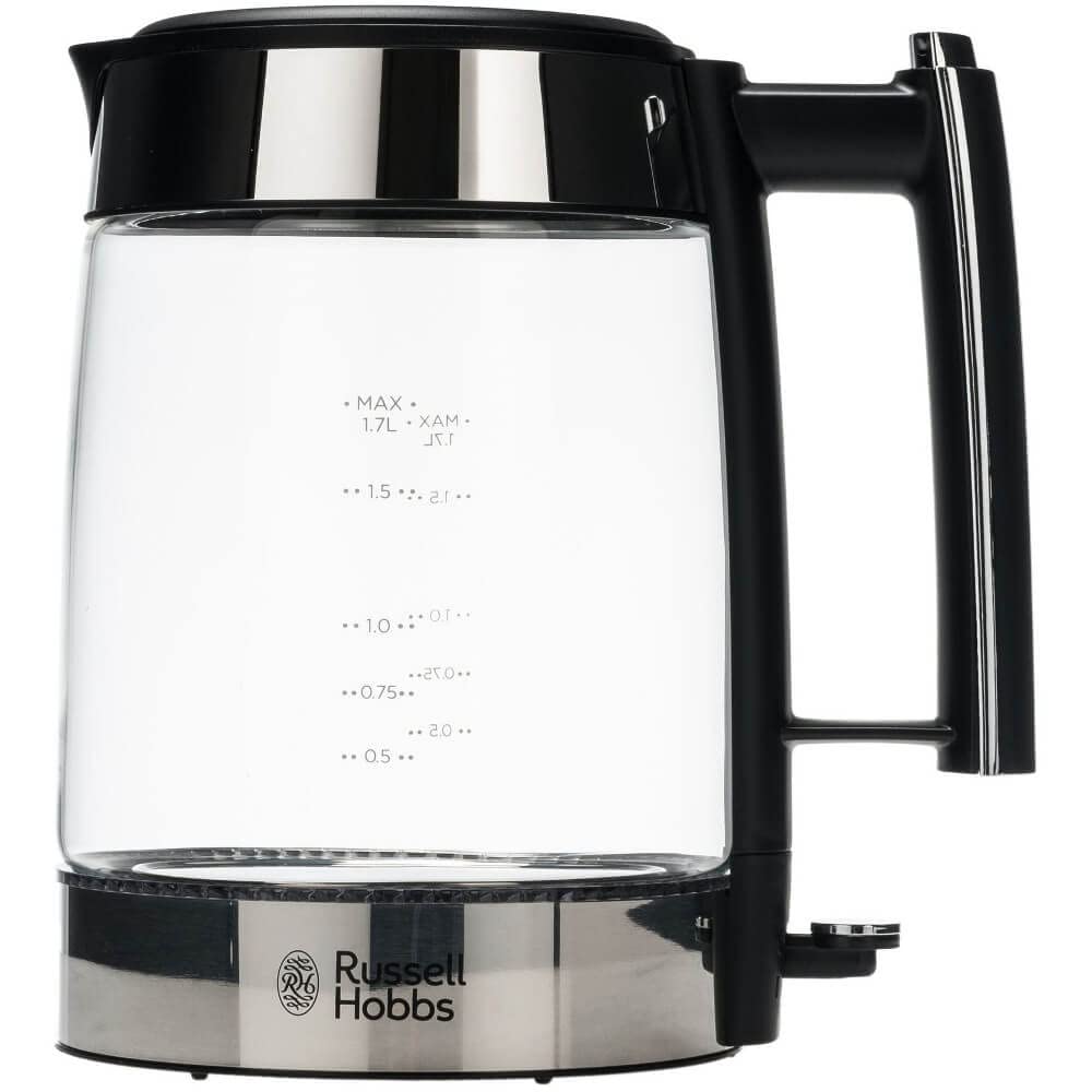 Russell Hobbs Hervidor de Agua Eléctrico Elegance - 1,7 litros, 2200W, Diseño de Cristal, Iluminación Azul, Filtro Extraíble, Base de 360°, Detalles en Acero Inoxidable, Plata - 23830-70