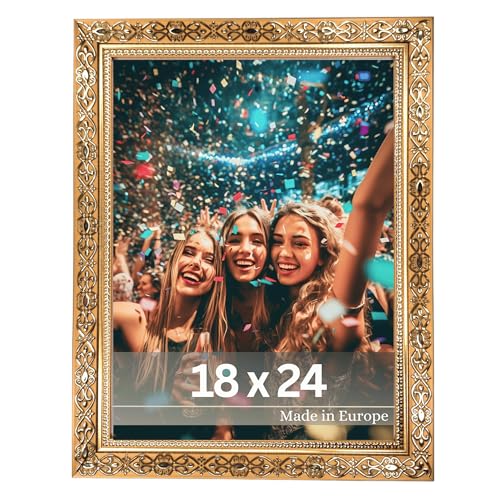 VictoR Cornice Portafoto Vintage Oro 18x24 cm Vermeer - Cornice Antico Barocco con Vetro Acrilico - Stabile Pannello Posteriore in MDF - per Formato sia Verticale sia Orizzontale - Cornice per Foto