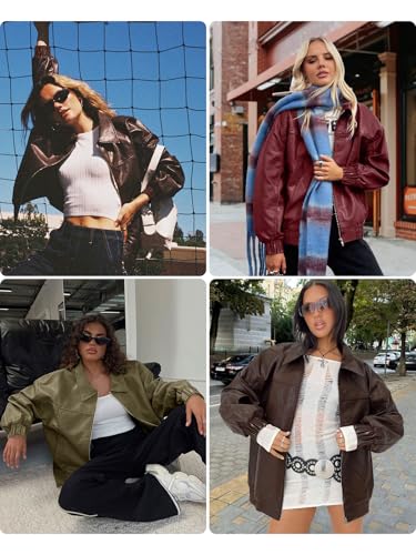 Yousify Womens Leather Jacket Oversized Faux Casual Zip Up Bomber Motorcycle Jackect Trendy Fall Winter Clothes S-XXL2