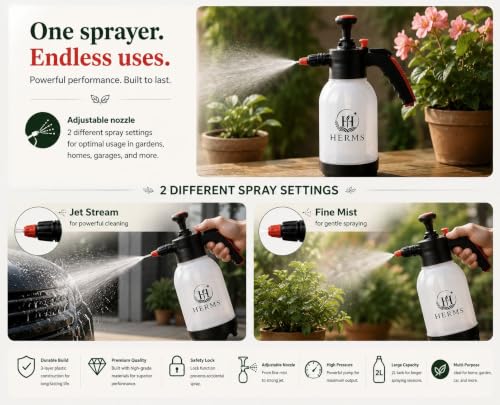 Image of HERMS Aquamist 2L Hand Pressure Spray Pump | 3 Spray Modes | Adjustable Brass Nozzle | Garden Sprayer for Watering Plants, Pesticide, Fertilizer, Home Garden, Nursery & Car Washing (White)