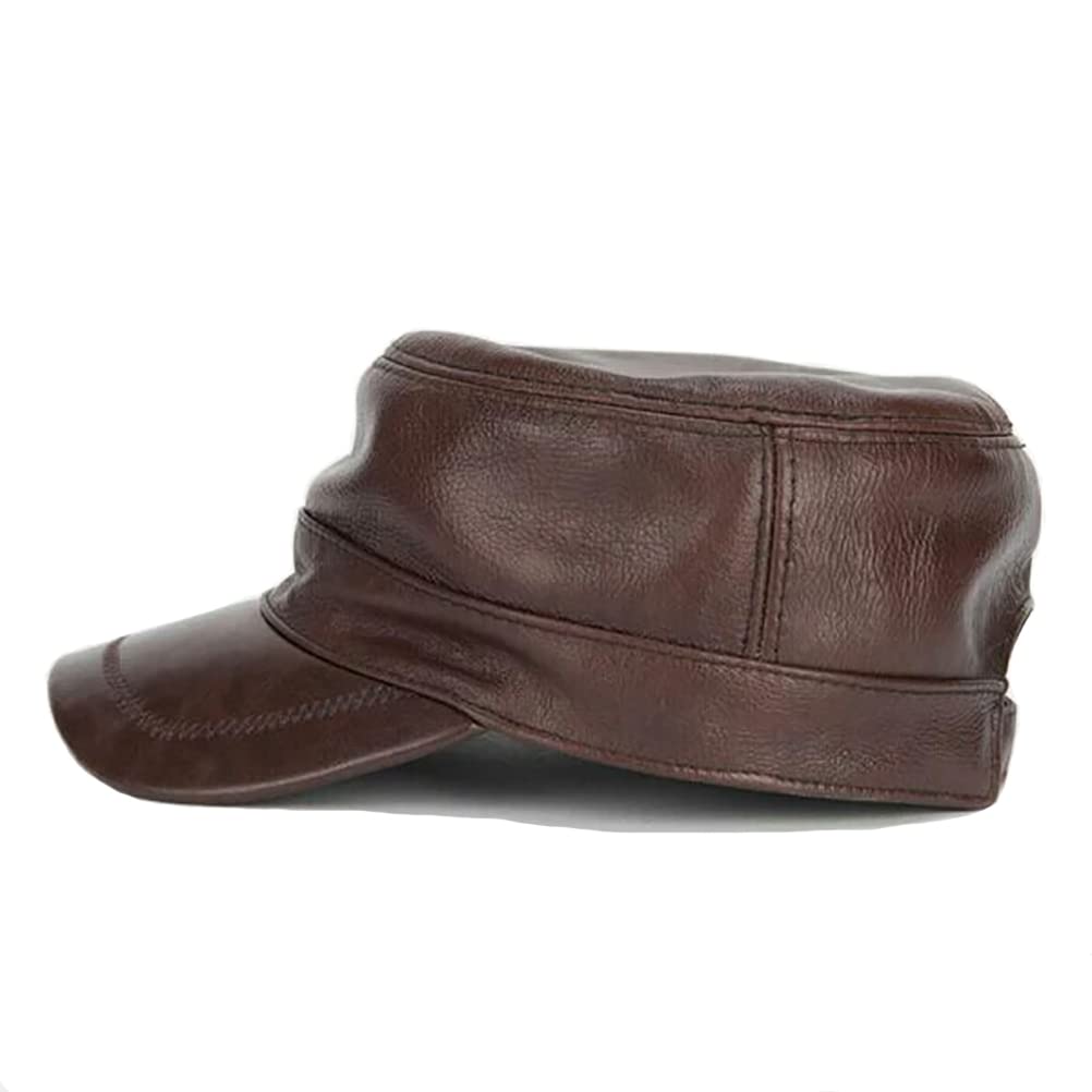 Herren Baseballkappe aus echtem Leder, flache Oberseite, Armee-Kappe, verstellbar, Militär-Mütze, flache Kappe, Casquette, warm, klassisch, 2 Farben, braun, 7.583333333333333