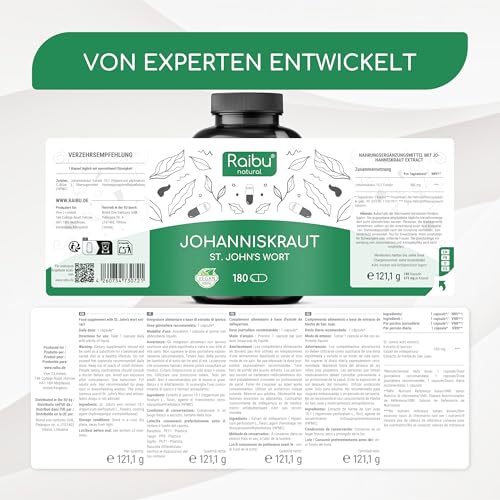 Johanniskraut Kapseln Hochdosiert - 5500 mg Johanniskraut pro Kapsel (10:1 Extrakt) - Natürliches Hypericin - 180 Kapseln, 6 Monate Vorrat - Vegan & Ohne Zusatzstoffe - Raibu