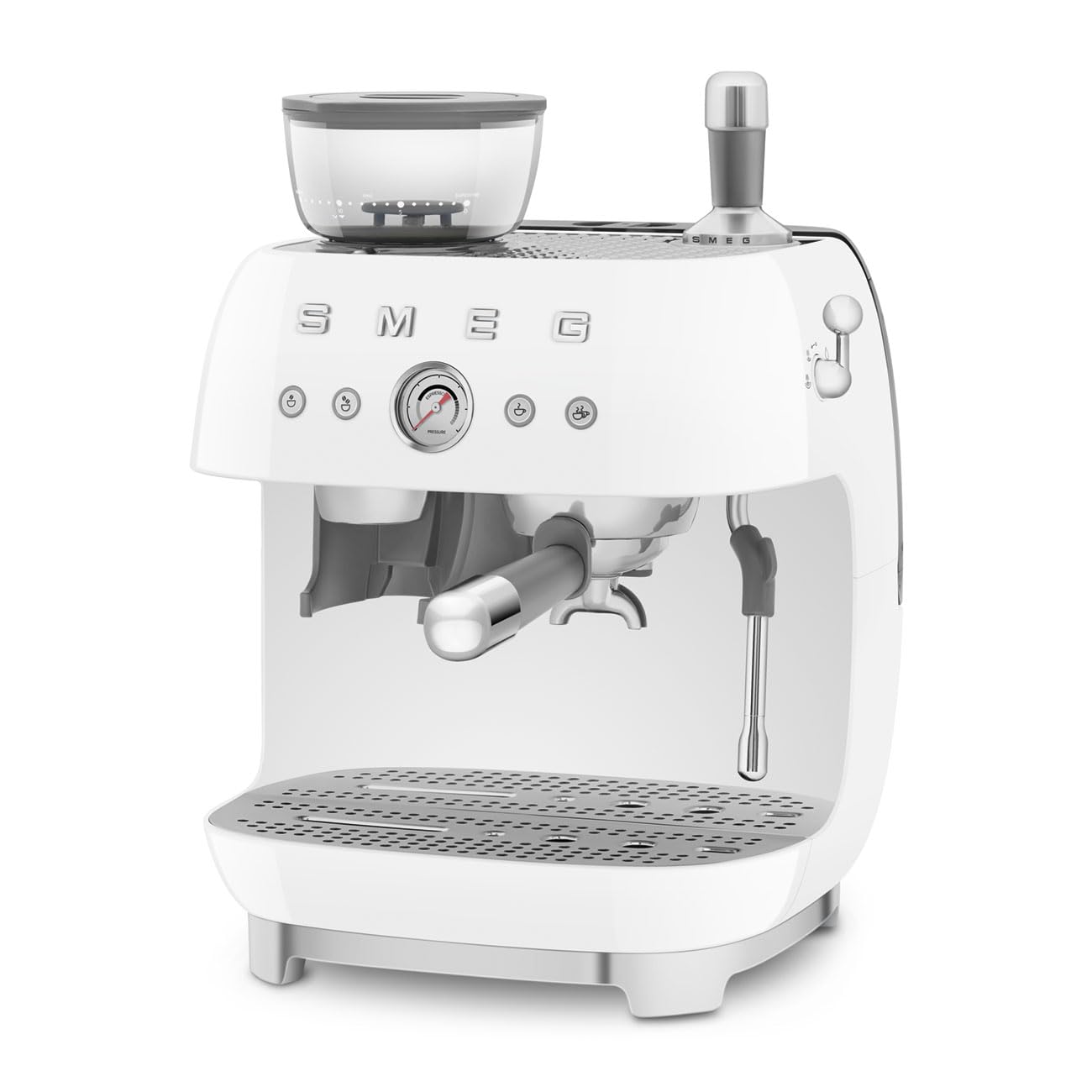 Smeg, EGF03WHEU, manuelle Espressomaschine, mit integrierter Kaffeemühle, Thermoblock, 4 Temperaturstufen, Dampfdüse und Druckmesser, 1-l-Tank, kompakte Größe, 1350 W, Weiß