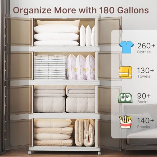 Image of UAMFURI Stackable Storage Bins with Lids, 1440QT Lockable Storage Cabinet, Foldable Storage Box with Doors and Wheels, Plastic Drawers for Home, Garage, Office (8, White, Extra Large)