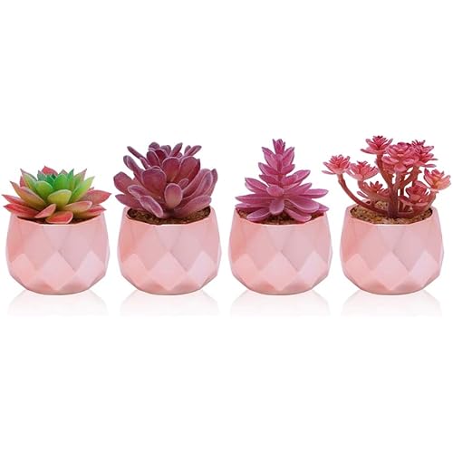 Fake Succulent Plant Set - Desk Succulent Plants Artificial Potted - Modern faux Succulents in Pots for Home Decor – Rose Gold Succulent Decor for Bedroom – Tiny Succulent Artificial Plants Room Decor