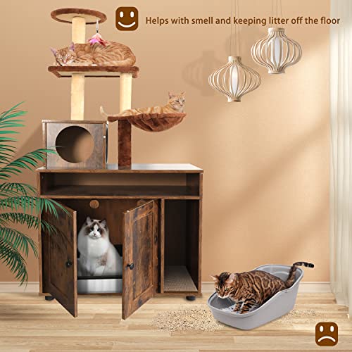 Cat Tree With Cat Litter Box Enclosure, Hidden Cat Washroom Furniture With Divider, Large Wooden Cat House With Cat Tree Condo, Scratching Post And Soft Plush Perch Rustic Brown #TOP6