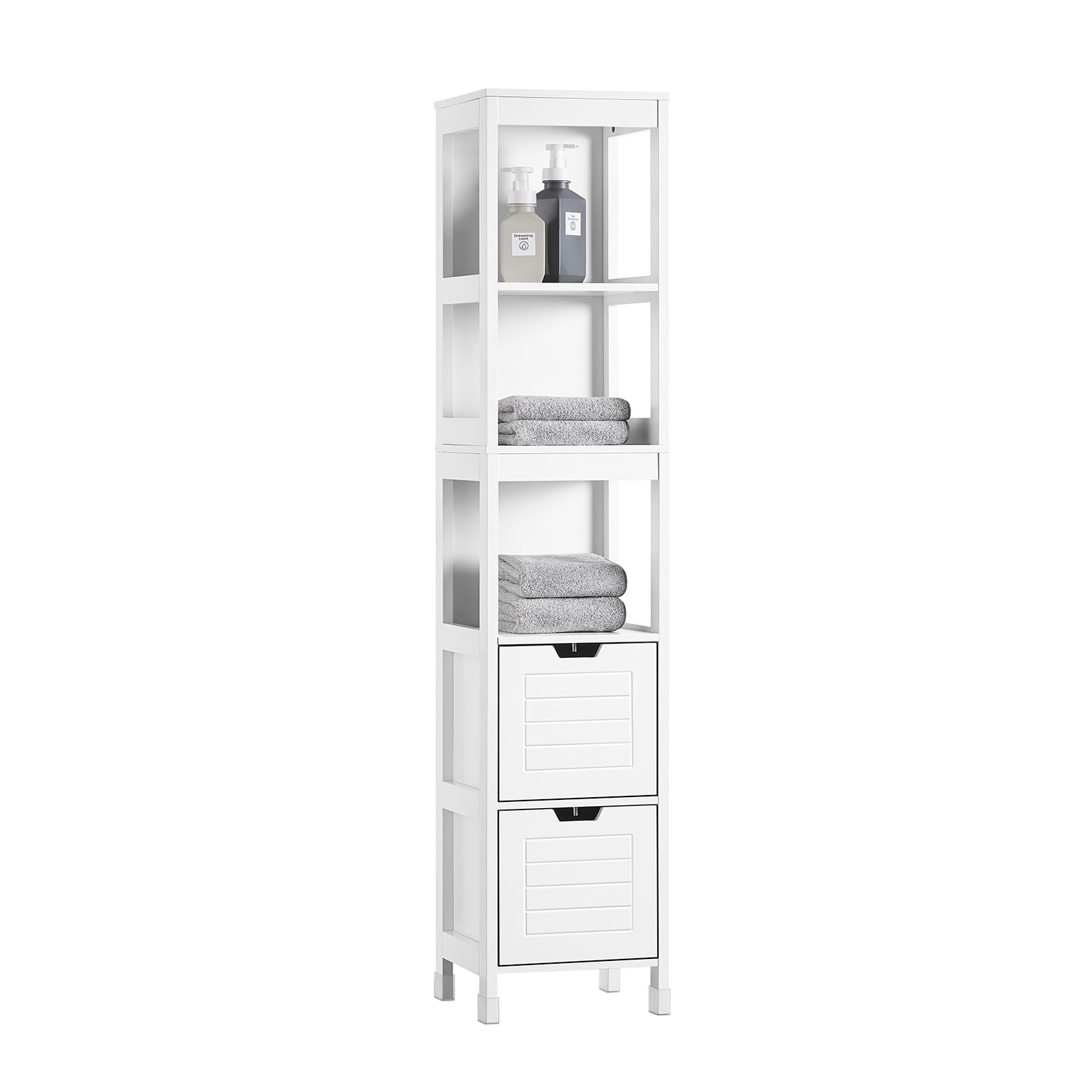 SoBuy Bathroom Storage Cabinet Slim Tall 3-Tier Shelves with 2 Drawers White MDF Cupboard Freestanding Narrow Bathroom Cabinet for Toilet Sink Kitchen Corner 30x30x144cm FRG126-W