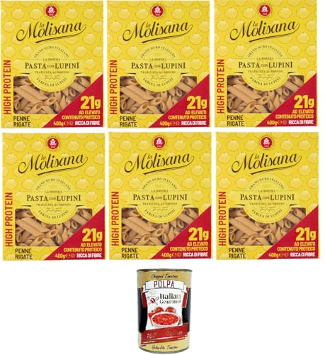 La Molisana, Penne rigate con altramuces, tagliatelle de proteínas con harina de altramuz y sémola de trigo duro italiana – bronce – 6 x 400 gr + Polpa italiana gourmet 400 g