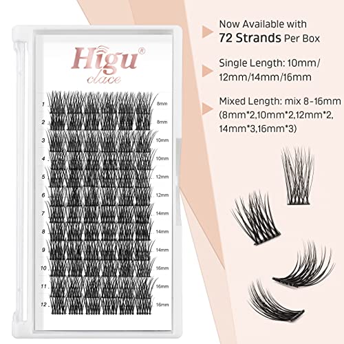 Higu clace Lash Clusters, 72pcs DIY Eyelash Extensions D Curl 8-16mm Lash, H07-D Curl-8-16mm - Image 2