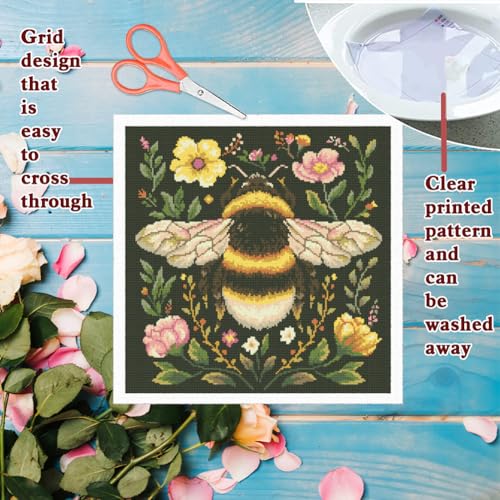 Image of FREEBLOSS 11CT Stamped Cross Stitch Kit for Adults Beginners with Instructions Bees and Floral Pattern Cross Stitch Wall Hanging Kit Embroidery Wall Art Decoration No Frame 18x18in