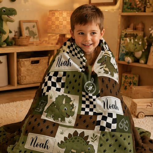 Image of Personalized Baby Boy Blanket with Name, Custom Dinosaur Flannel Fleece Throw Blankets for Newborns & Toddlers, Safari T-Rex Nursery Decor, Unique for Boys