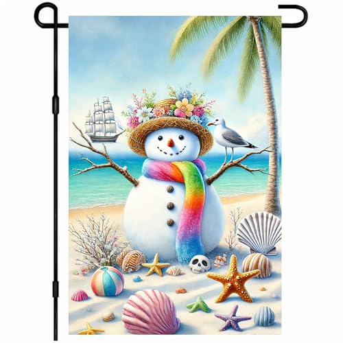 IVN Tropical Christmas Garden Flag 12x18 In Double Sided Polyester Snowman Beach Flag with Seashells...