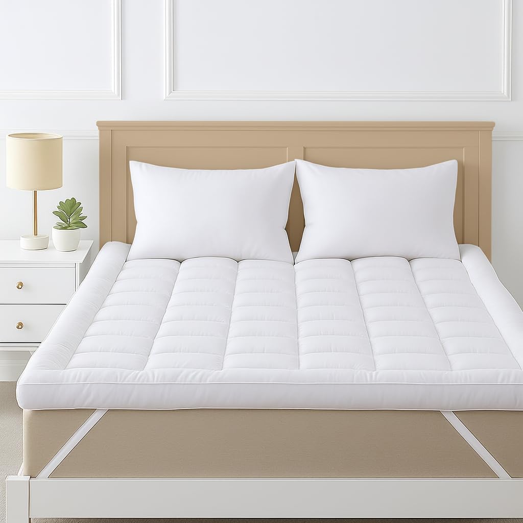 Cozy Living Luxury Mattress Topper Kingsize Bed - 10cm Ultra Thick & Soft Microfiber Fill for Deep Sleep Comfort – Skin Safe & Airy Mattress Topper with Durable Elastic Straps (152x200cm)