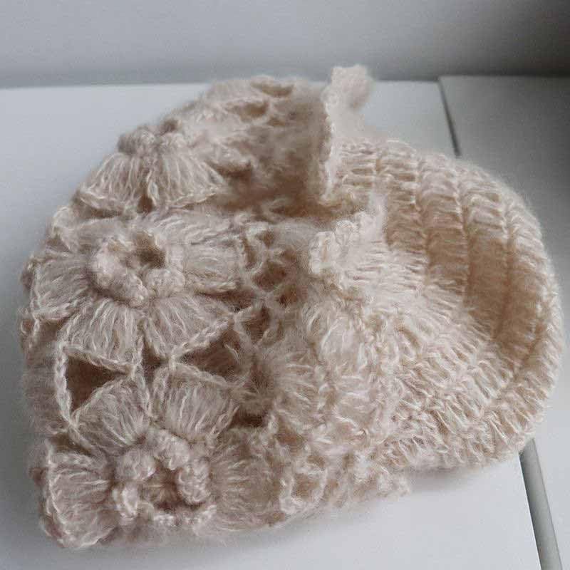 Double-Layer Handmade Crochet Pullover Hat Women's Winter Warm Fashion Knit Mohair Beret Beanie Cap Beige - Image 3