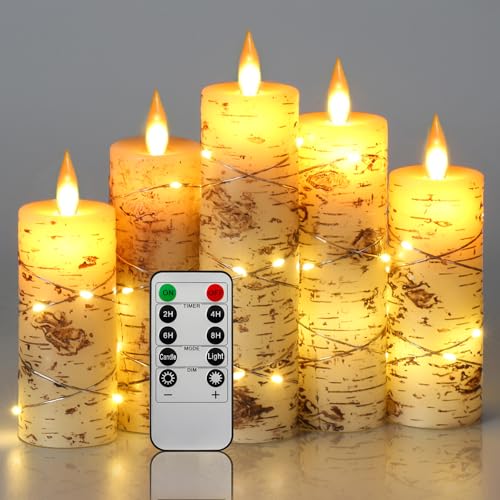 Bougies à LED Lot de 5 bougies LED sans flamme peintes à la main en écorce de bouleau à encastrer Bougies alimentées par piles avec télécommande à 11...