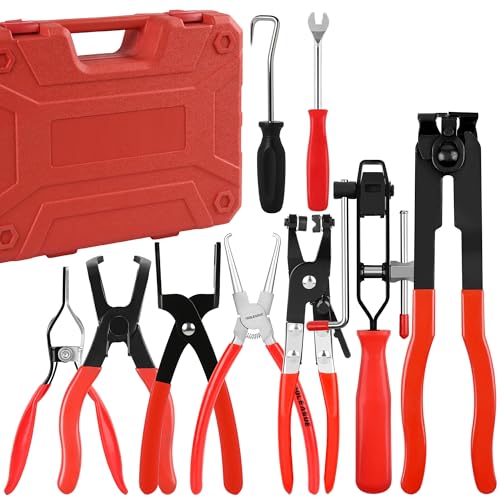 Image of TOOLEAGUE 9Pcs Fuel Line Disconnect Pliers Set with Storage Case | 9 inch Fuel Filter Caliper, Removal /CV Joint Boot Clamp /Flat Hose Clamp /30 Degree Disconnect Pliers Set for Auto Maintenance