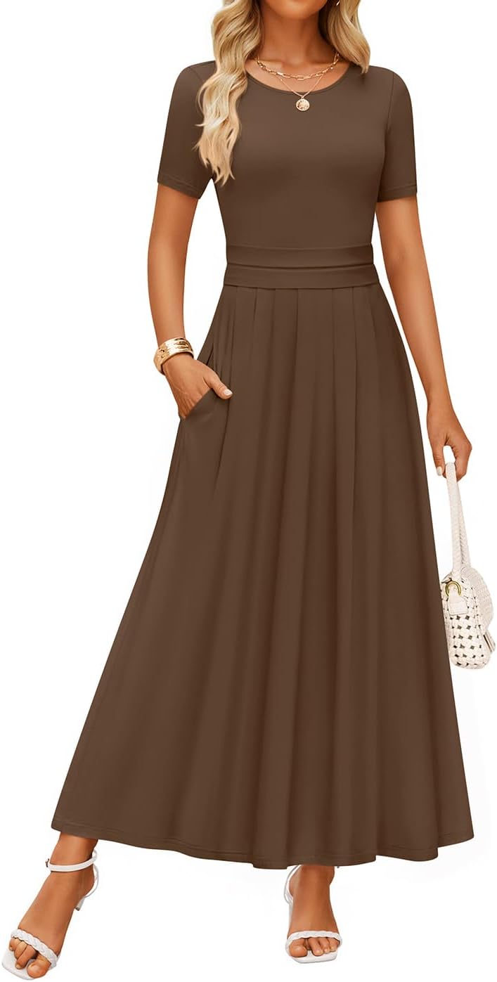 ZESICA Women's Summer Short Sleeve Maxi Dress 2026 Casual Crewneck Pleated A Line Flowy Long Dresses with Pockets