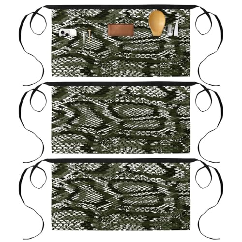 Lot de 3 tabliers courts à pois verts avec 3 poches pour cuisine et service