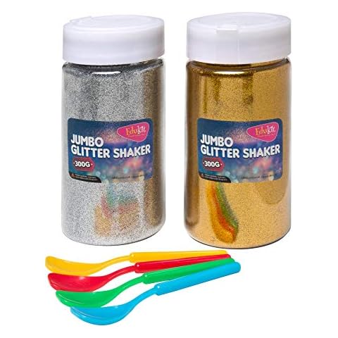Edukit Glitter Jumbo Shaker Set; Gold and Silver; 300g each; Including Spreaders - Perfect for Adding Sparkles to Arts and Craft Projects and Nail and Face Art Cover