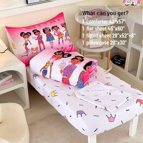 Image of 4-Piece Toddler Bedding Set for Girls - Black Girl Magic Comforter Set Includes Comforter, Flat Sheet, Fitted Sheet, Pillowcase