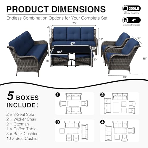Image of Joyside 7 Piece Wicker Patio Furniture Set, Rattan Patio Chairs with High Back, Deep Seating, Wide Armrest, Thickened Cushions, Outdoor Furniture for Deck, Porch Use