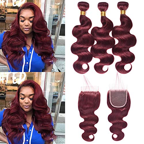 XCCOCO Hair 3 Bundles 16 18 20inch 99j# Body Wave With 14inch Lace Closure 8A Peruvian Virgin Human Hair thick Bundles Hot Sale Wine Red Burgundy Color for Black Women