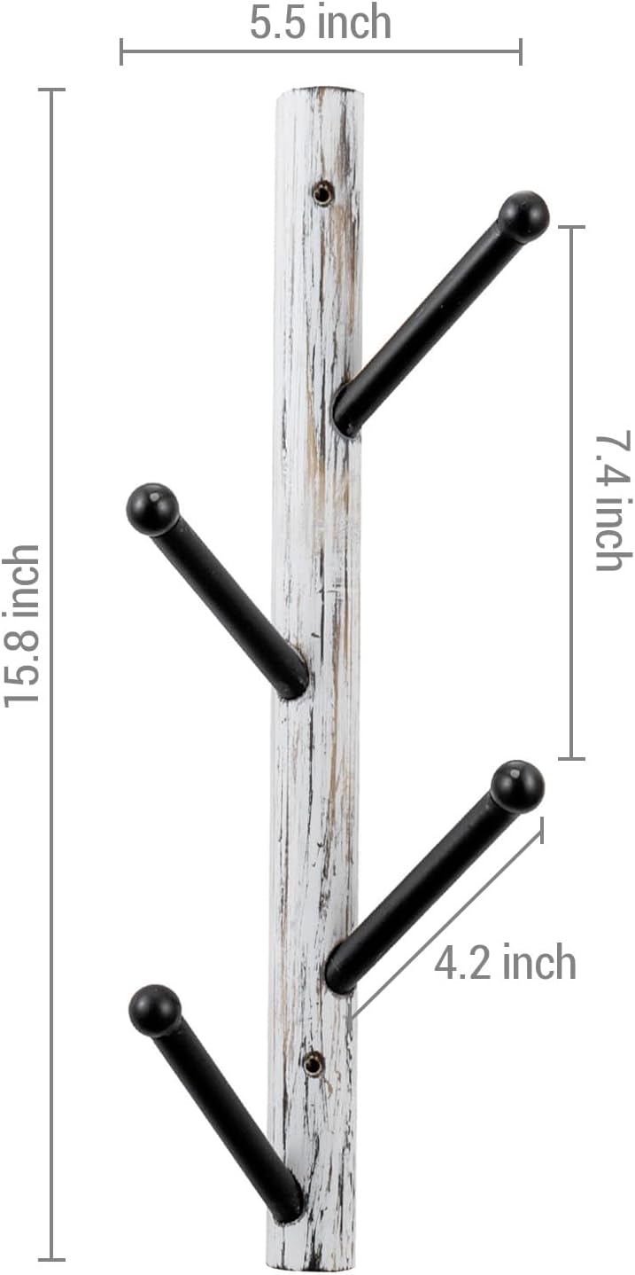 MyGift 4 Hook Wall Mounted Shabby White Washed Solid Wood and Black Metal Hat Coat Hanger Tree, Vertical Entryway Hanging Garment Rack with Branch Style Hooks, Set of 2