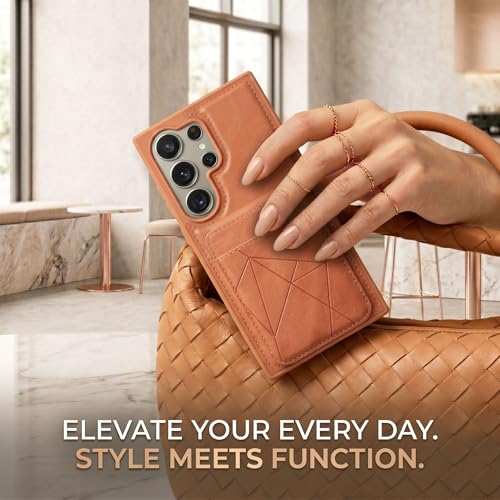 Image of amazon basics Premium Vegan Leather Back Cover with Card Holder and Integrated Mobile Stand for Samsung Galaxy S24 Ultra 5G - Slim Shockproof Wallet Case with Geometric Stitching [Tan]