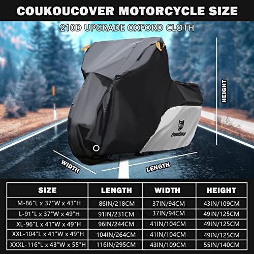 Coukoucover Motorcycle Cover, 210D Oxford Fabric Waterproof Outdoor All Season Universal Protection With Reflective Strips, For 86" Motorbike Cover (Silver M) #TOP1
