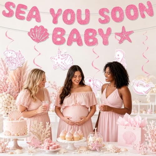 Image of Under The Sea Party Decorations - 8 Pcs Sea You Soon Baby Shower Banner Hanging Swirls Decorations, Pink Summer Ocean Seashell Theme Decor Supplies for Boys Girls