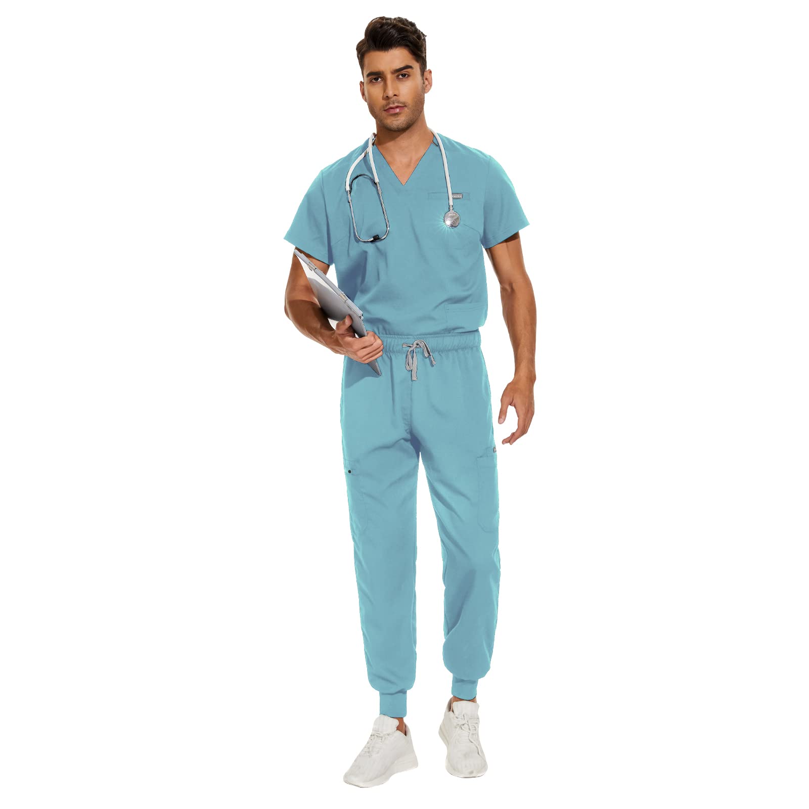 VIAOLI Scrubs for Men Set V-Neck Scrub Top & Jogger Pant 8 Pocket Cargo Botton Nursing Clearance Sets Medical Uniforms (Sky Blue, S)