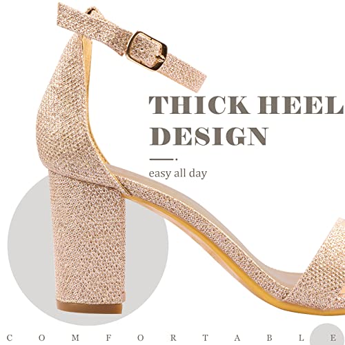 Image of Ankis Gold Glitter Heels for Women - Open Toe Ankle Strap Chunky Heel Sandals Party Wedding Strappy Buckle Sandals 2.75 Inches