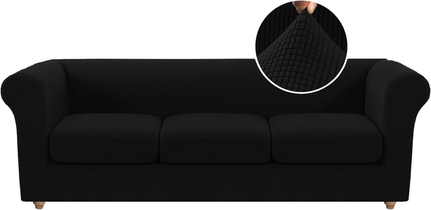LINGKY Stretch Chesterfield Sofa Cover 3 Seater With 3 Separate Sofa Cushion Covers, Jacquard Spandex Non-Slip Sofa Slipcovers for Living Room Furniture Protector (Black,3 Seater)