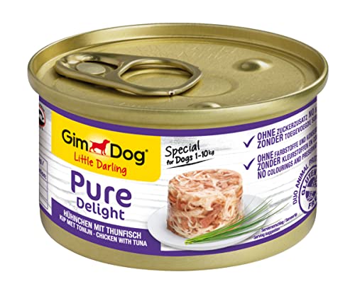 GimDog Pure Delight Hühnchen mit Thunfisch - Proteinreicher Hundesnack mit zartem Fleisch in köstlichem Gelee - 12 Dosen (12 x 85 g)