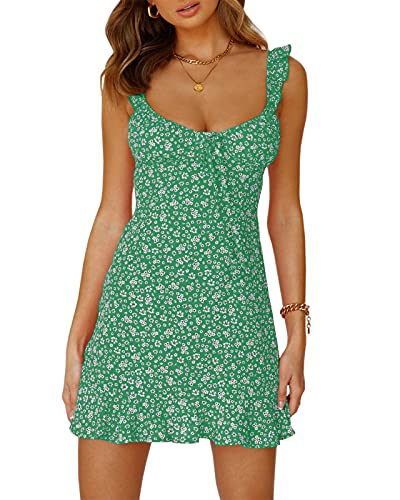 Meikulo Ditsy Floral Dress For Women Summer Dresses Cute Sweetheart Neckline Polka Dot Mini Dress Ruffle Flutter Sleeve Smocked Short Dress Green, M #TOP22