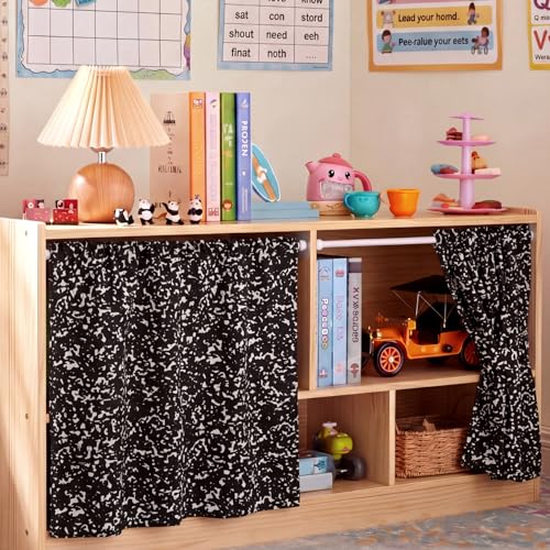 Remagr 4 Sets Classroom Cabinet Curtains for Shelves 27.5 x 27.5 Composition Notebook Cabinet Curtains with Telescopic Pole Hook for Bookshelf Kindergarten Daycare Primary School Classroom