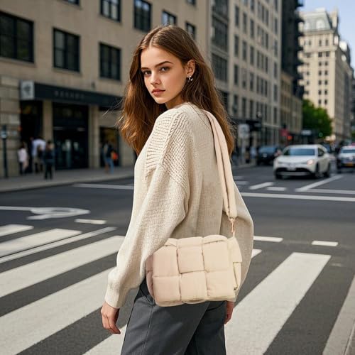 Image of Shoulder Bag Lightweight Puffer Tote Crossbody Bag Handwoven for Women | waterproof nylon, durable, soft padded texture, versatile for travel, work, weekend, everyday, adjustable strap
