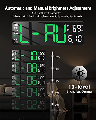 Image of JoFomp Plastic Digital Wall Clock - 13 inch Large LED Display,Loud Alarm,Remote Control,DST,Auto-Dimming,Date and Day,Timer,Temperature - 12 /24H Format - Ideal for Living Room,Green