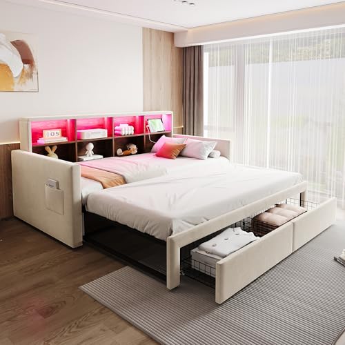 Merax Cama Convertible 90/180 x 190 cm, Sofá Cama Extensible con Cama Nido, Cabecero de Cama con Almacenamiento, LED y Enchufes USB Tipo C, 2 Cajones, Somier de Latones, Velours, Beige (sin Colchón)