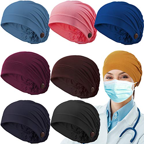 8 Pieces Bouffant Caps with Buttons Soft Unisex Stretch Headband Turban with Ear Loop Holder Buttons for Protecting Ears (Bright Colors)