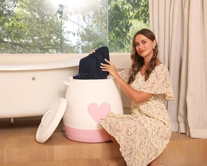 20 x 20 Extra Large Cotton Rope Storage Basket with Lid ¨C Flagon Design ¨C Perfect for Clothes, Blankets, and Living Room Organization (Pink Heart, 20x20)