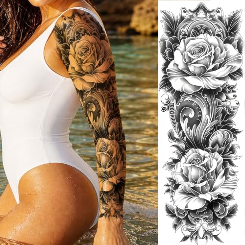 Image of Bilizar 2 Sheets Large 3D Rose Peony Flower Tattoos Full Arm Temporary Tattoo Sleeve For Women Adults, Realistic Watercolor Butterfly Flamingo Floral Fake Tattoos Full Sleeve Thigh Leg Tattoos Makeup