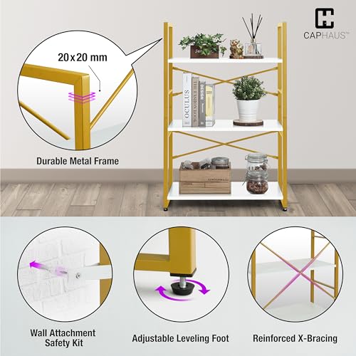 Image of CAPHAUS 2 Tier Small Bookshelf, 24 Inch Width Free Standing Shelf, Bookcase Shelf Storage Organizer, Industrial Book Shelves for Home Office, Living Room, White Wooden Shelves & Gold Frame