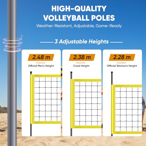 Outdoor Volleyballnetz Set, Höhenverstellbar Tragbarer Beachvolleyball-Netz mit Ständer, Volleyball, Luftpumpe, Feldmarkierungen，Tragetasche für Pool, Garten, Strand, Hinterhof