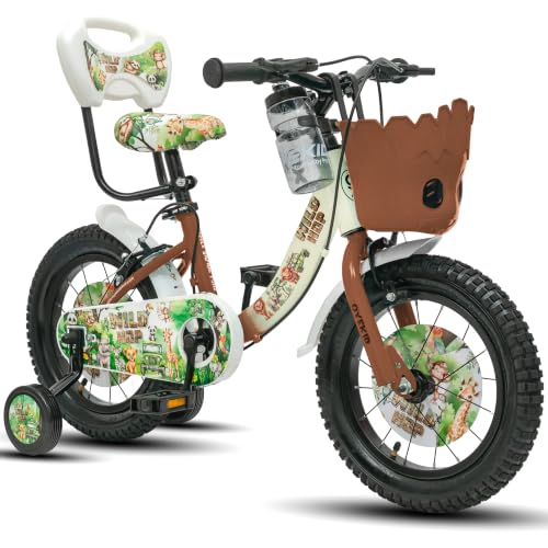 Image of WildHop 14T Kids Bicycle with Training Wheels, Backrest Seat, Basket & Safety Features for Toddlers (Crean Brown, 14T)