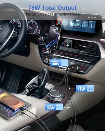 Retractable Car Charger, Besgoods USB C Car Accessories Adapter 78W for iPhone 16 Pro Max Fast Charging Cigarette Lighter Adapter Multi-Ports for iPhone 15 14 13 iPad Galaxy, USB C to C Cable Included