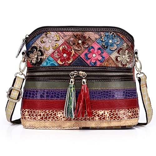 Women 3D Floral Multicolor Small Crossbody Bag Genuine Leather Handbag Snake Pattern Colorful Spliced Shoulder Purse
